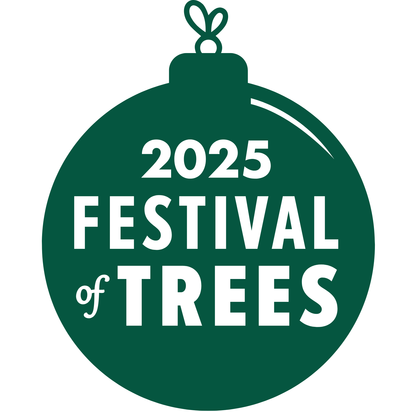 Logo for Festival of Trees Green round ornament with text reading 2025 Festival of Trees