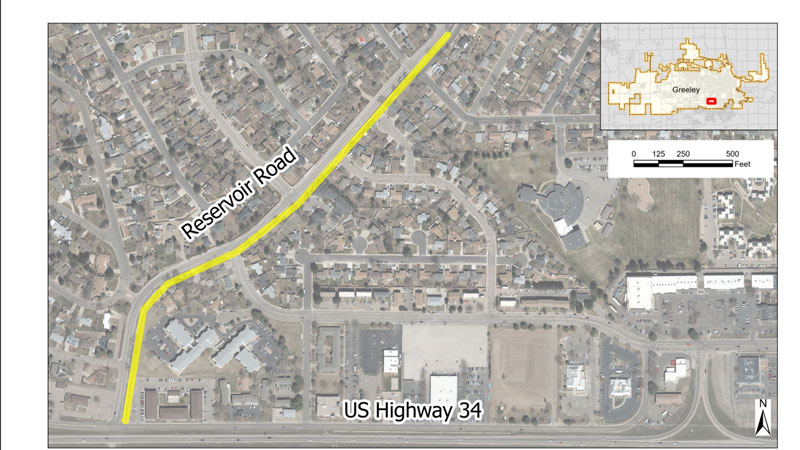 An aerial map indicating the project location along Reservoir Road in Greeley.