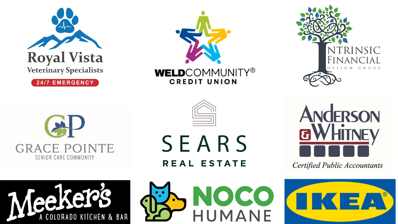 Sponsor logos from top right clockwise, Anderson Whitney, Royal Vista Veterinary Specialists, Sears Real Estate, Meeker's Kitchen and Bar, Grace Pointe, NOCO Humane  