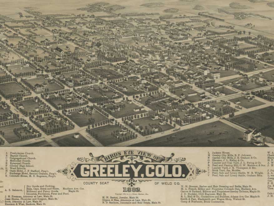 Historic, illustrated map titled Birds Eye View of Greeley, Colo with printed location labels