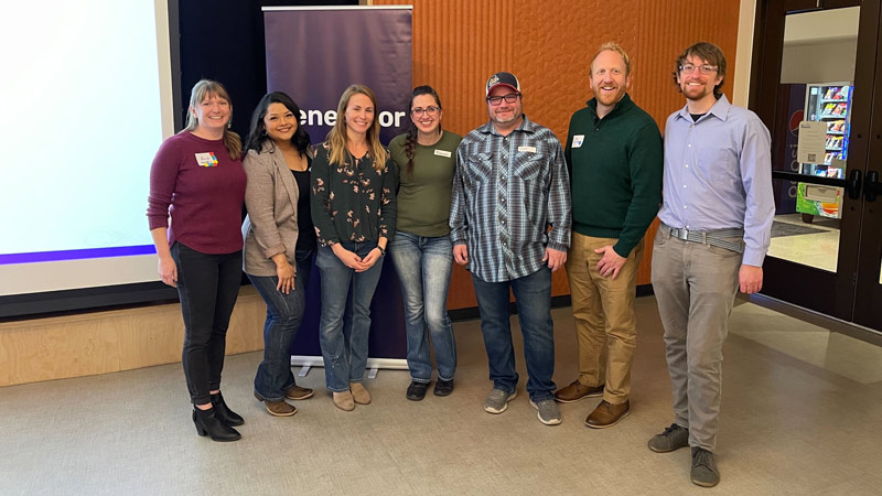 gBETA Greeley Program Manager Allie Reitz with founders representing innovative startups including Proactive Safety, Rooted Robotics, Barn Owl Precision, RV Fiber LLC, and Colorado Cornhole Connection at a professional event.