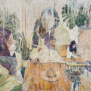 An encaustic painting depicting two figures at a table wearing masks in a serene, indoor setting.