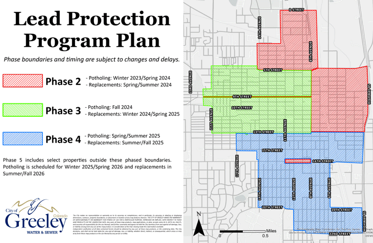 Map of phased plans for lead piping replacement in Greeley, outlining project timelines and affected areas.