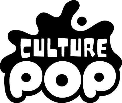 Culture Pop Logo in black with block letter culture on top of bubble letter pop, with creative splat as a background