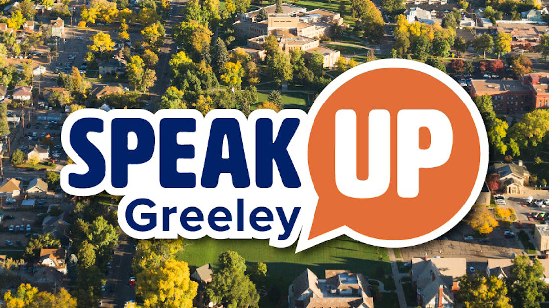 Speak Up Greeley logo placed over an aerial photo of a Greeley community
