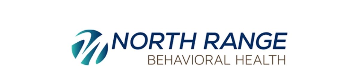 Logo of North Range Behavioral Health. The design features a stylized, circular teal and dark blue icon on the left, resembling abstract swooshes or brush strokes. To the right, the text reads “NORTH RANGE” in bold dark blue uppercase letters above “BEHAVIORAL HEALTH” in smaller brown uppercase letters.