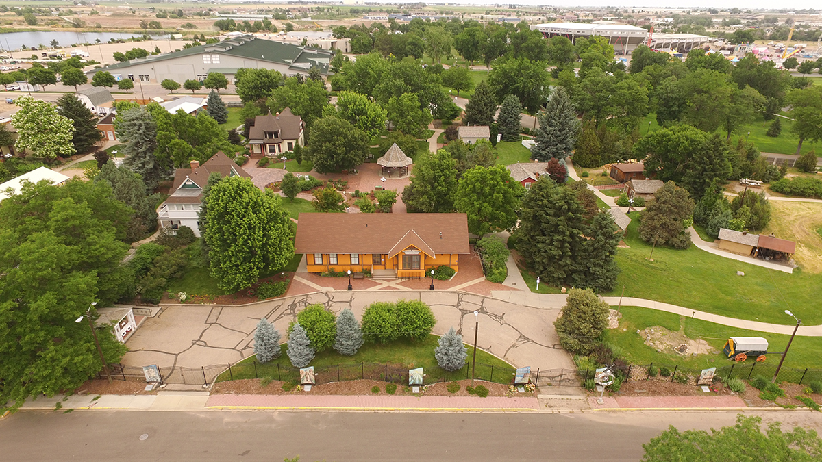 ALT TEXT: Aerial view of a grouping of historical buildings.