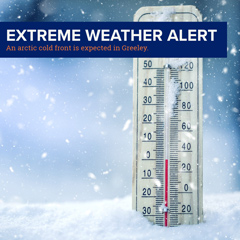 Graphic indicates sub-zero temperatures with snowfall surrounding a thermometer.