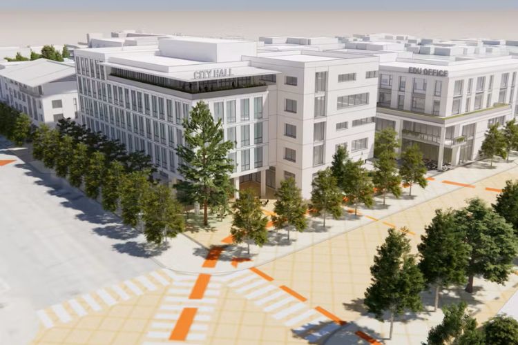 Artist's rendering of planned Downtown Civic Campus buildings.  Two four-story buildings are shown in the foreground and at the intersection of two tree-lined streets.  Behind those building are additional city buildings and blocks, all created as an artist rendering.  All buildings are white in color.