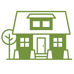 Green house graphic representing sustainable and affordable housing solutions in urban areas.