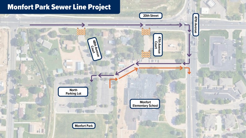 Map shows the detour route for the streets affected by the sewer line project near Monfort Park