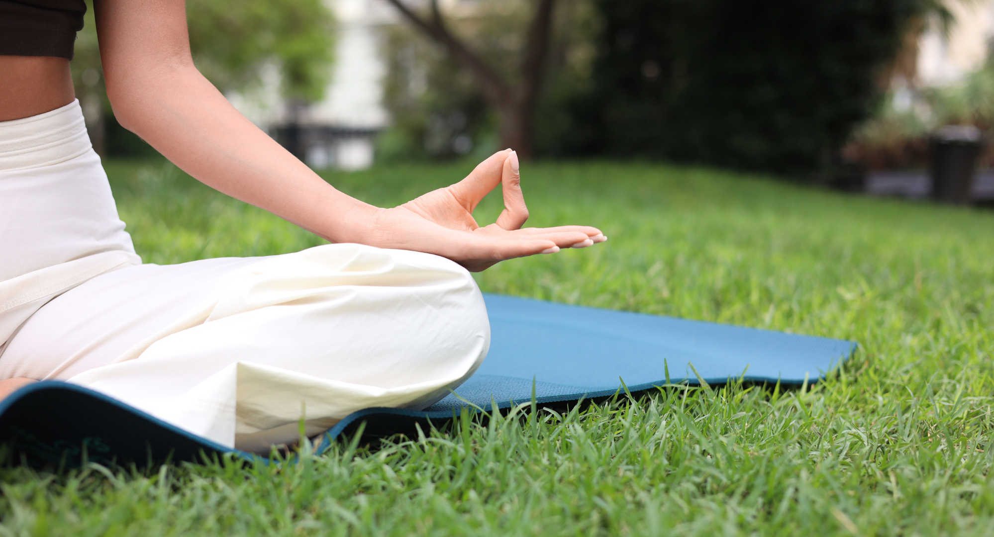 Lower body of a person seated on a yoga mat with hands in yoga posture, on green grass in outdoor park, representing Yoga offerings in Lincoln Park during the Farmers Market and other events.