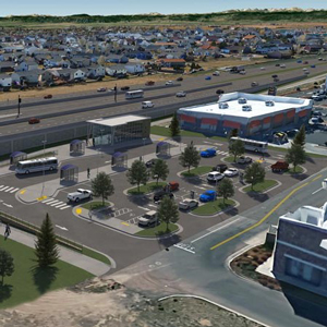 An aerial view showcasing a proposed mobility hub with multiple parking spaces and bus terminals set in a residential area.