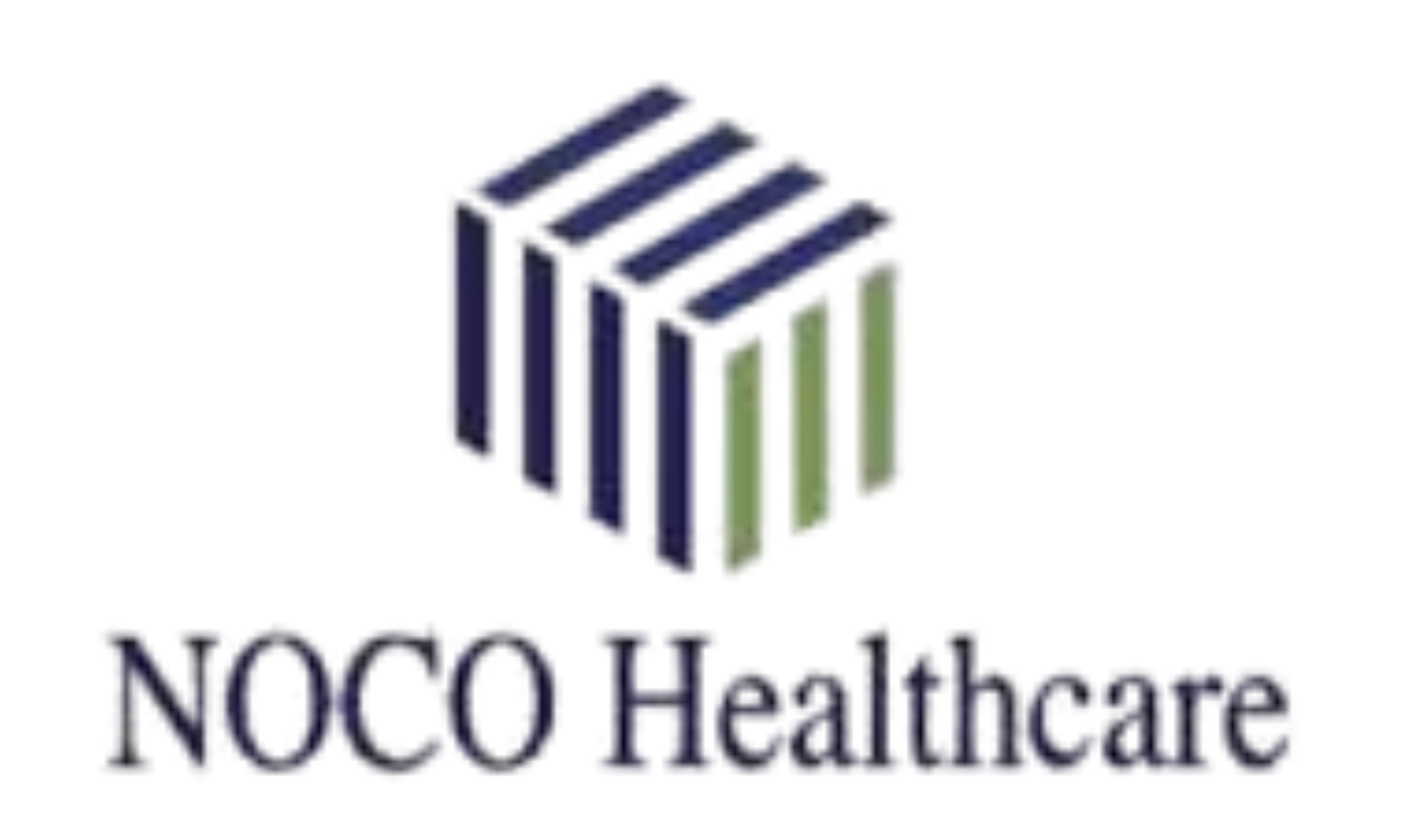 This image depicts a logo for NOCO Healthcare, a local Greeley healthcare provider.  The logo contains the words "NOCO Healthcare" in dark blue letters, beneath a three-dimensional cube shape rendered in blue and green lines.
