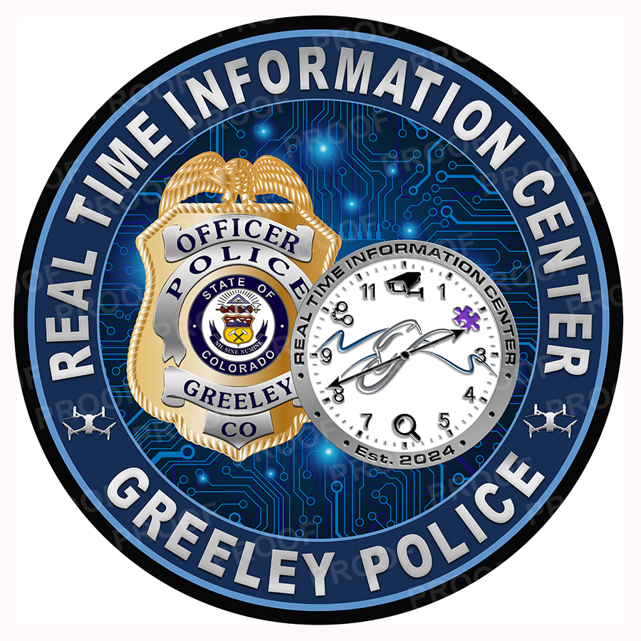 Logo for the Greeley Police Real Time Information Center of a police badge and clock inserted within a circular shape.