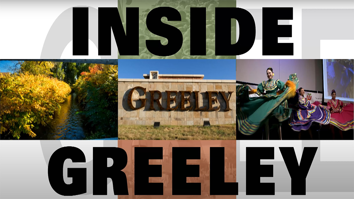 Inside Greeley video cover art featuring city scenery, highway sign, and dancers at a cultural event