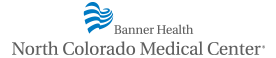 This image depicts a logo with a heart-shaped icon made of horizontal blue stripes and the words "Banner Health" to the right of the image.  Under these elements are the additional words "Northern Colorado Medical Center". 