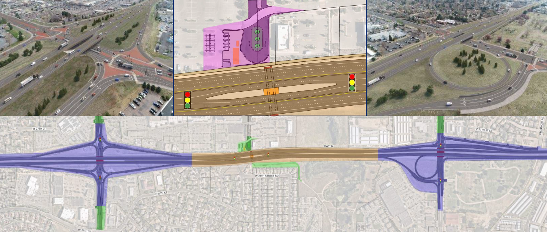 This image displays aerial views of major U.S. Highway 34 intersections in Greeley, which are being expanded and improved through the MERGE Project.  