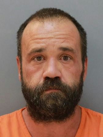 A head-and-shoulders, medium close-up, color, front-facing mug shot against a solid gray background of a middle-aged Caucasian male with short, dark brown hair and receding hairline, brown eyes, and a full, untrimmed dark beard with some gray. He is wearing a dark orange scoop-neck T-shirt.