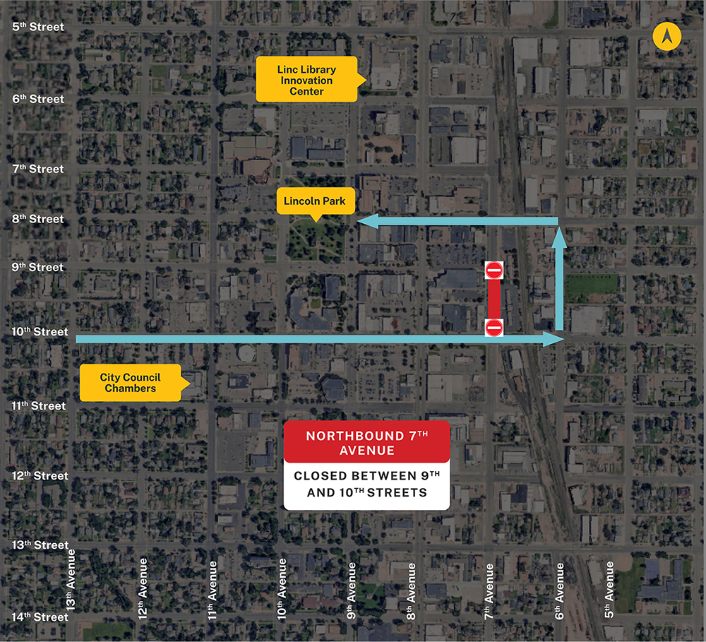 Map showing the detour route (east on 10th Street, north on 6th Avenue, west on 8th Street and back to 7th Avenue.)