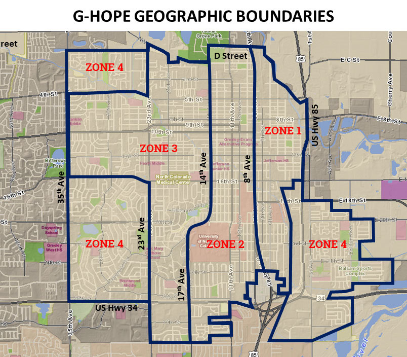 Illustrated district map of Greeley with G-HOPE geographic boundaries for zones 1-4 drawn on top