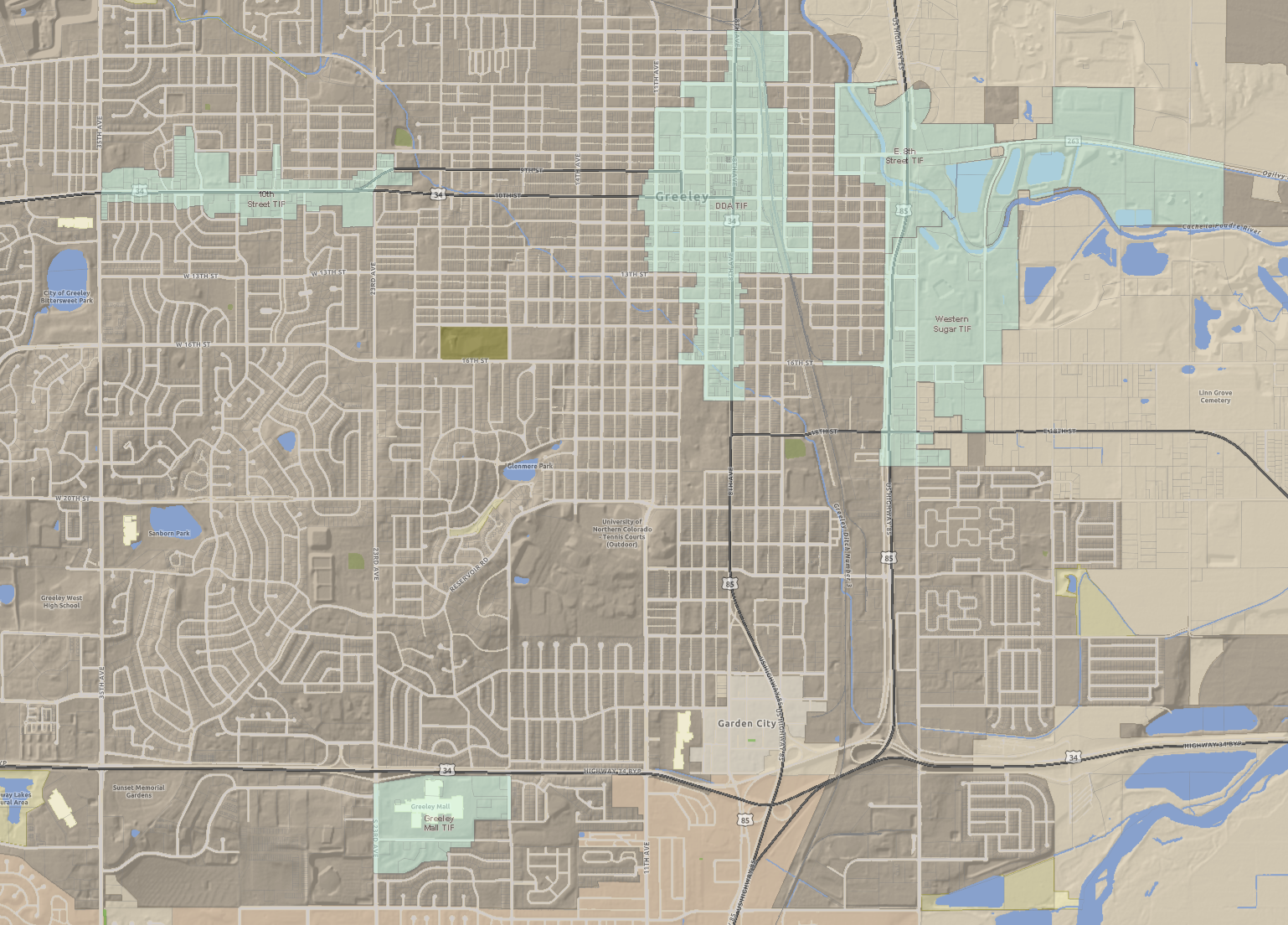 This map depicts the Greeley Downtown Development Authority and four Tax Increment Financing (TIF) Districts, outlined and highlighted in green.