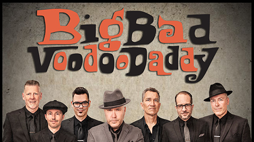 A promotional image featuring the band Big Bad Voodoo Daddy against a textured background.