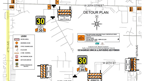 Diagram showcasing road detours and closures for traffic routing near Centerplace Drive.