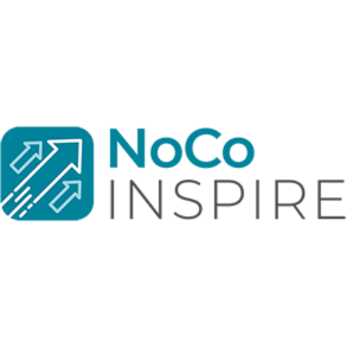 This logo includes a teal square with rounded corners and icons of arrows pointing upward and to the right.  To the right of this square, in team letters, is the word "NoCo" with the word "INSPIRE" in all capital gray letters just below NoCo.