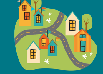 An illustration of colorful houses, roads, and trees depicting a neighborhood layout.
