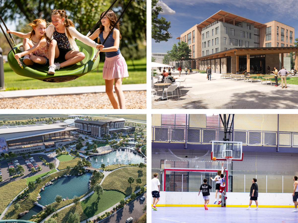 Photo montage representing lifestyle and recreational activities and architectural developments going on in Greeley