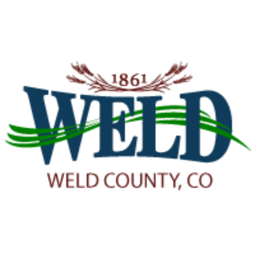This image depicts the logo for the Weld County, Colorado government.  The word "WELD" is in the center of the logo, in all capital dark blue letters.  Above "WELD" is the year 1861 in red letters, above a curved illustration of wheat.  Below the word "WELD" are the words "WELD COUNTY, CO" in all capital red letters.  A wave of bright green lines weaved throughout the letters that spell the word "WELD".