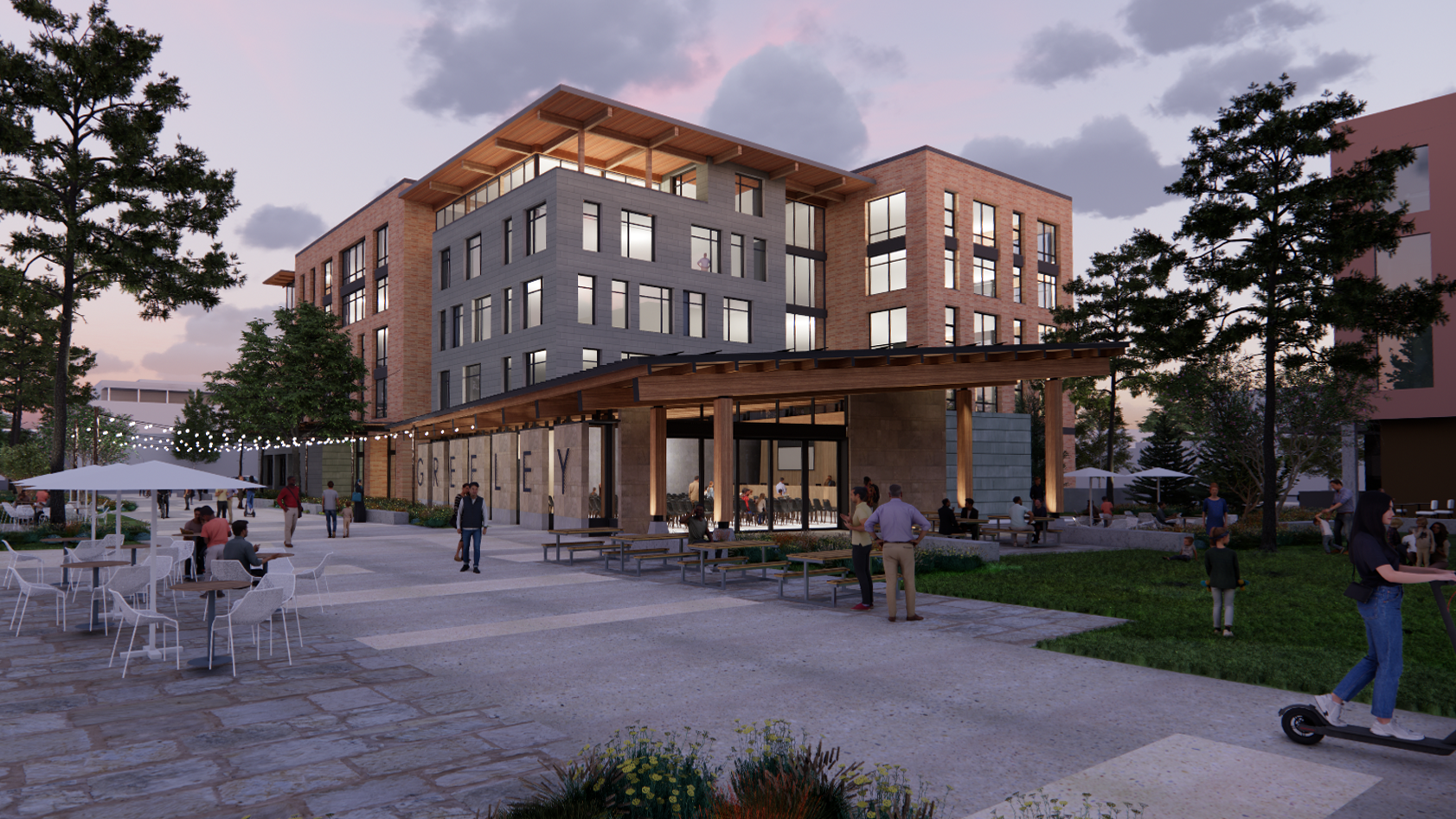 Rendering of the Civic Campus with outdoor seating and people at dusk.