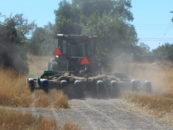 A tractor mowing grass to reduce overgrowth in outdoor spaces.
