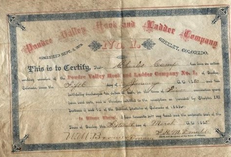 Official document from Poudre Valley Hook and Ladder Company showcasing membership certification.