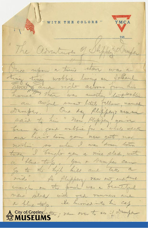 A handwritten page on YMCA stationery with a bedtime story titled 'The Adventure of Slippery and Dumper'.