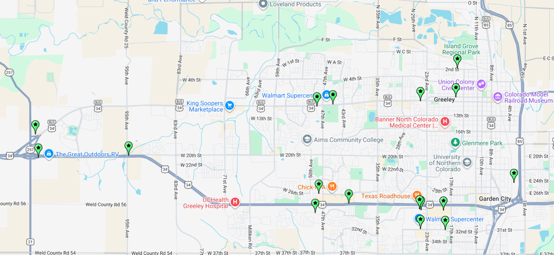 A photo of a map of the general Greeley, Colorado area with green marks on the map indicating the location of Flock license plate reader cameras.