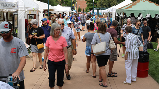 A vibrant outdoor event featuring booths, tents, and visitors enjoying art and cultural exhibits in a park setting.