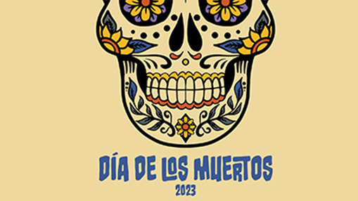 A vibrant illustration featuring a decorative sugar skull surrounded by floral designs, celebrating Día de los Muertos 2023.