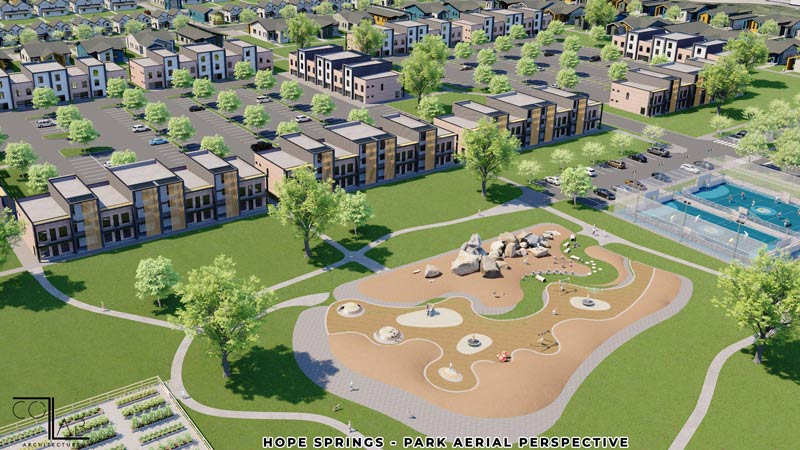A detailed rendering showcasing the park layout and residential surroundings from an aerial perspective.