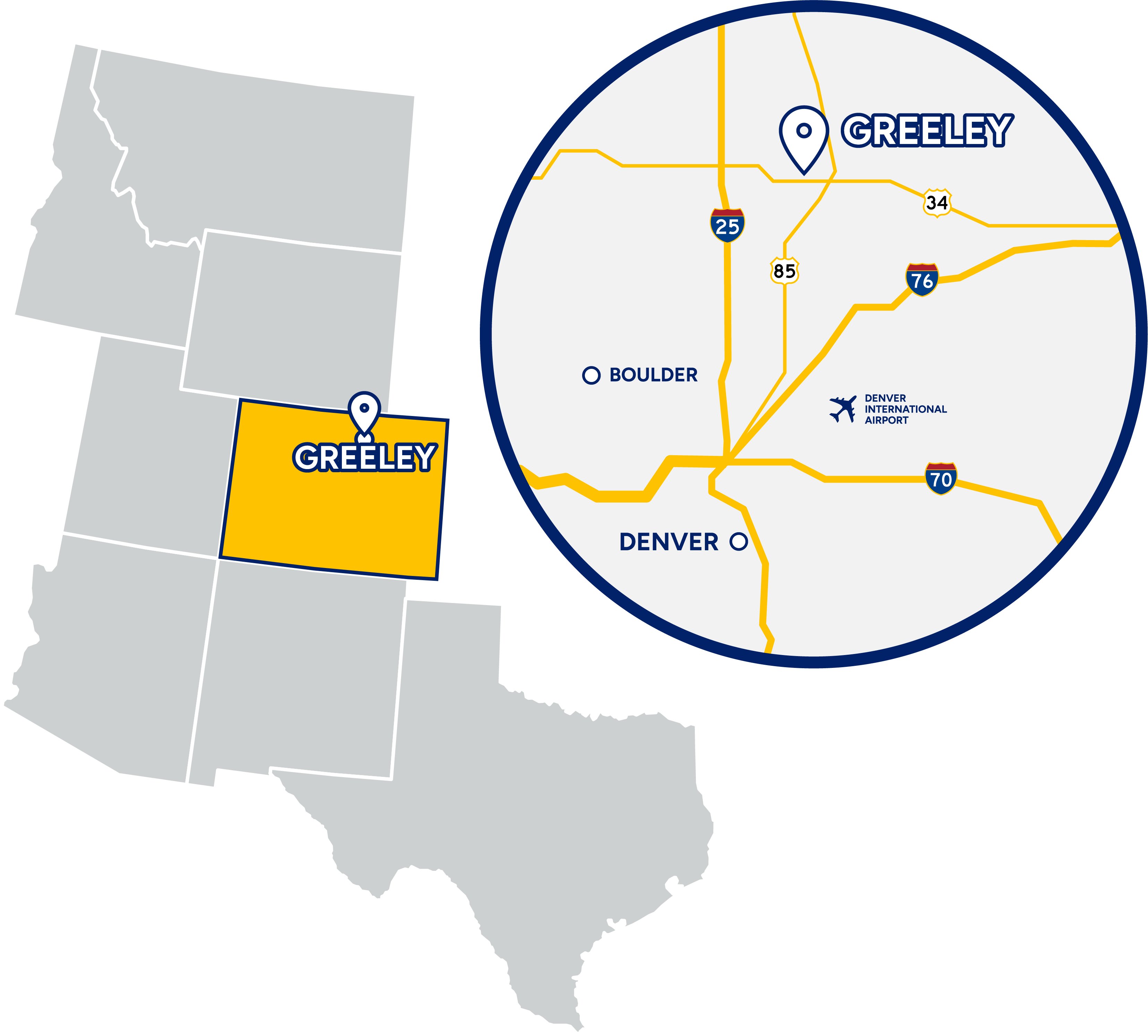 Graphic map showing the state of Colorado with a closeup, inset map showing Greeley's location in proximity to major highways and the Denver International Airport.