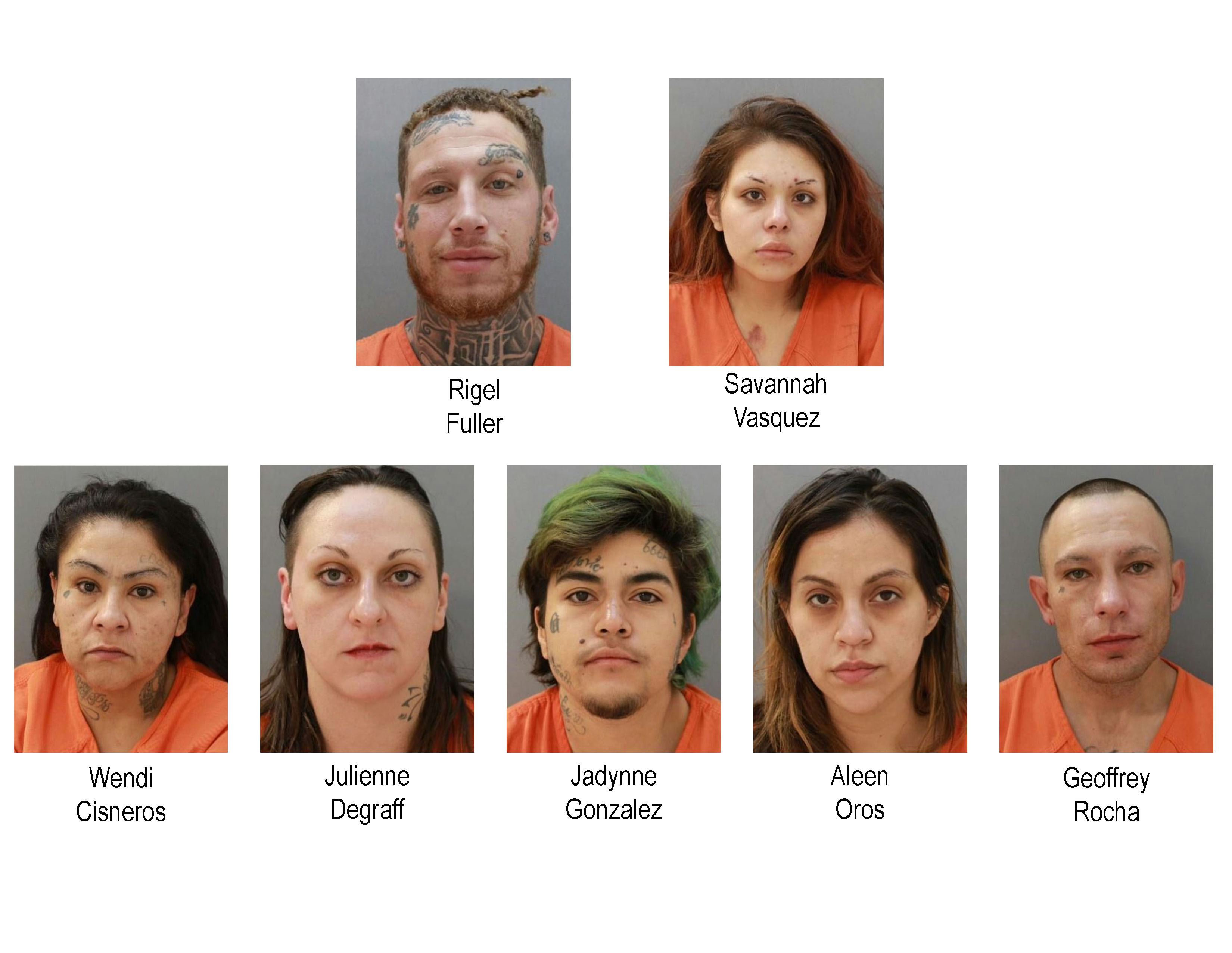 Compilation of booking photos from 11/3/2025 of:

Rigel Fuller

Savannah Vasquez

Wendi Cisneros

Julienne Degraff

Jadynne Gonzalez

Aleen Oros

Geoffrey Rocha