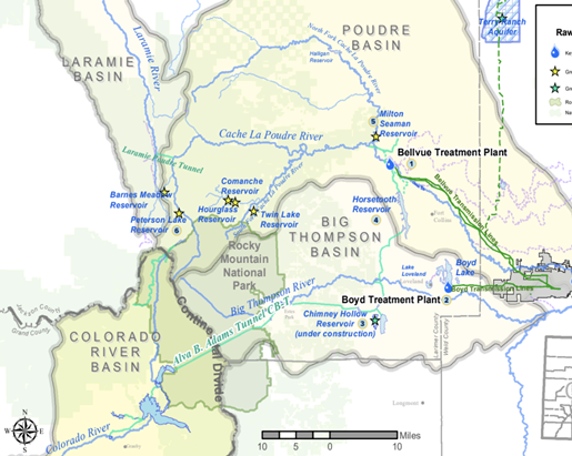 A detailed map showcasing the key water basins and reservoirs supplying Greeley, including treatment plants and infrastructure pathways.