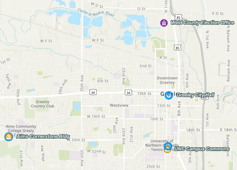 Street map of Greeley highlighting locations of Aims Cornerstone Building, UNC Campus Commons, Greeley City Hall, and Weld County Election Office