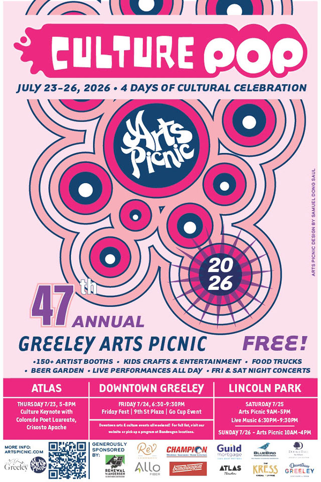 Event poster for Culture Pop, featuring graphic circles with a headline that says “Culture Pop” and the Arts Picnic logo below. Additional details shown on the poster can be found at greeleyco.gov/events/culture-pop