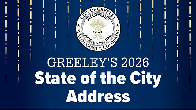 Official City of Greeley Seal rests on a background of blue with the text Greeley’s 2026 State of the City Address underneath it