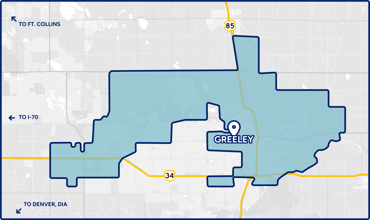This image is a stylized map of Northern Colorado which highlights the enterprise zone in blue.