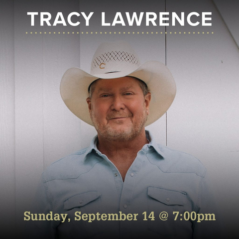 Picture of musical artist Tracy Lawrence wearing a white cowboy hat with text showing the day and time of his performance at Union Colony Civic Center
