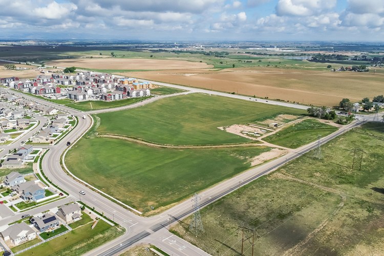 This image shows an aerial view of the location where the Two Rivers Marketplace will be contructed in Greeley, Colorado.