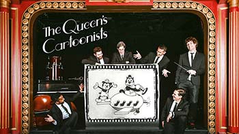 A lively performance blending visual art and music showcased by a talented group of cartoonists on stage.